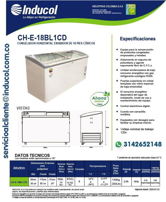 Congelador Inducol Horizontal Exhibidor en Lámina Galvanizada de 509 Litros CH-E-18BL1CD Ficha Técnica-01