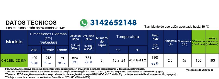 Congelador Inducol Horizontal en Lámina Galvanizada con Tecnología Inverter de 824 Litros CH-28BL1CD-INV