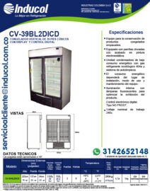 Congelador Vertical Inducol en Lámina Galvanizada de 1105 Litros CV-39BL2DICD Ficha Técnica