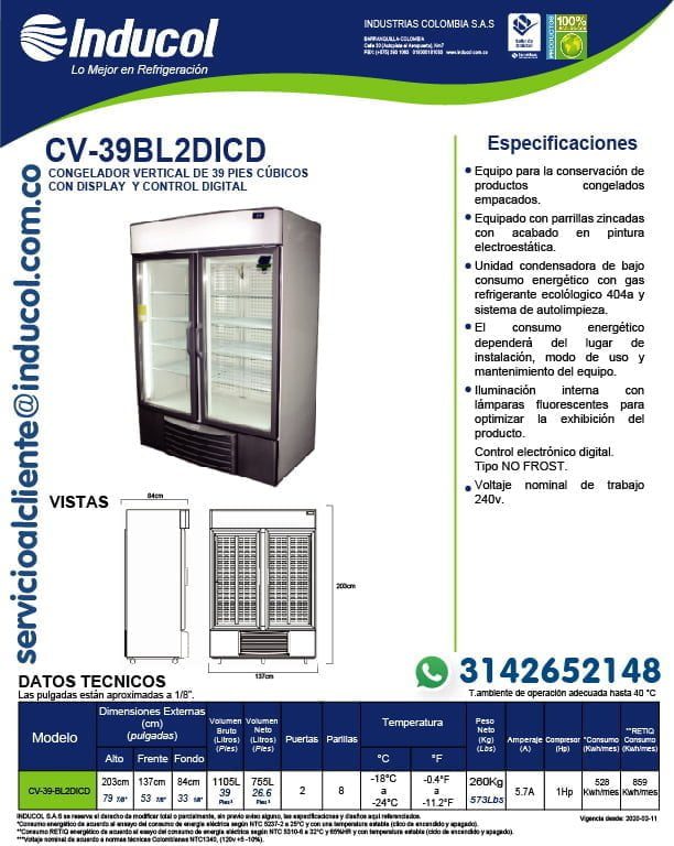 Congelador Vertical Inducol en Lámina Galvanizada de 1105 Litros CV-39BL2DICD Ficha Técnica