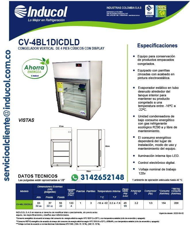 Congelador Vertical Inducol en Lámina Galvanizada de 133 Litros CV-4BL1DICDLD-01