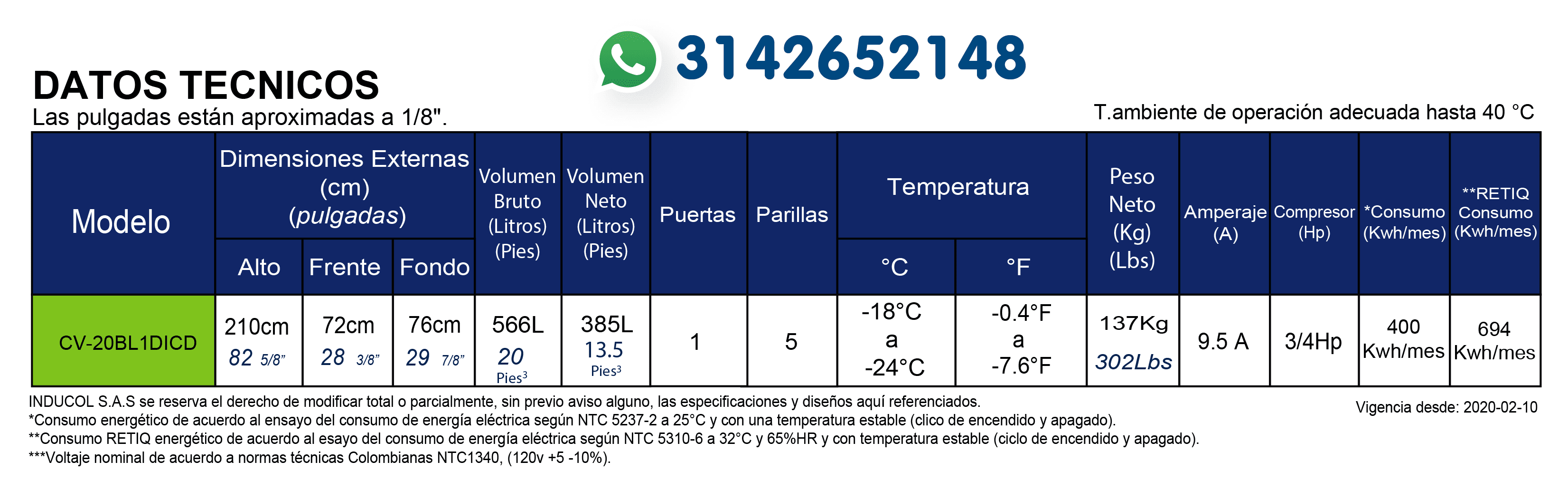 Congelador Vertical Inducol en Lamina Galvanizada de 566 Litros CV-20BL1DICD