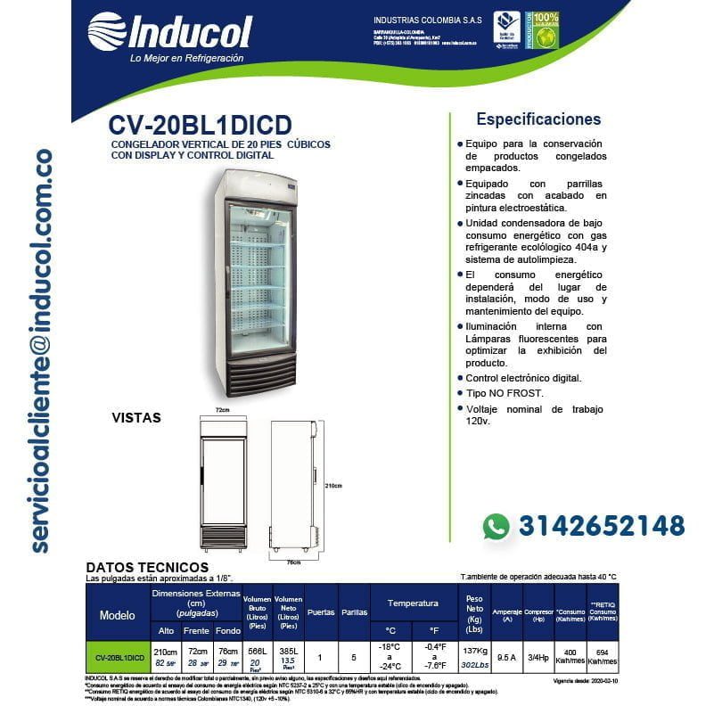 Congelador Vertical Inducol en Lamina Galvanizada de 566 Litros CV-20BL1DICD Ficha Técnica-01