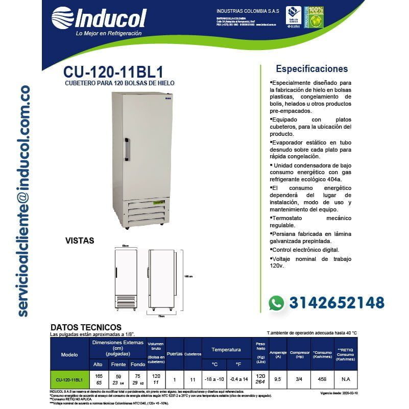 Cubetero Inducol para 120 bolsas de hielo en Lámina Galvanizada CU-120-11BL1 Ficha Técnica-01