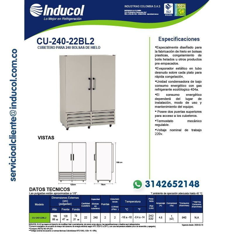 Cubetero Inducol para 240 bolsas de hielo en Lámina Galvanizada CU-240-22BL2 Ficha Técnica-01