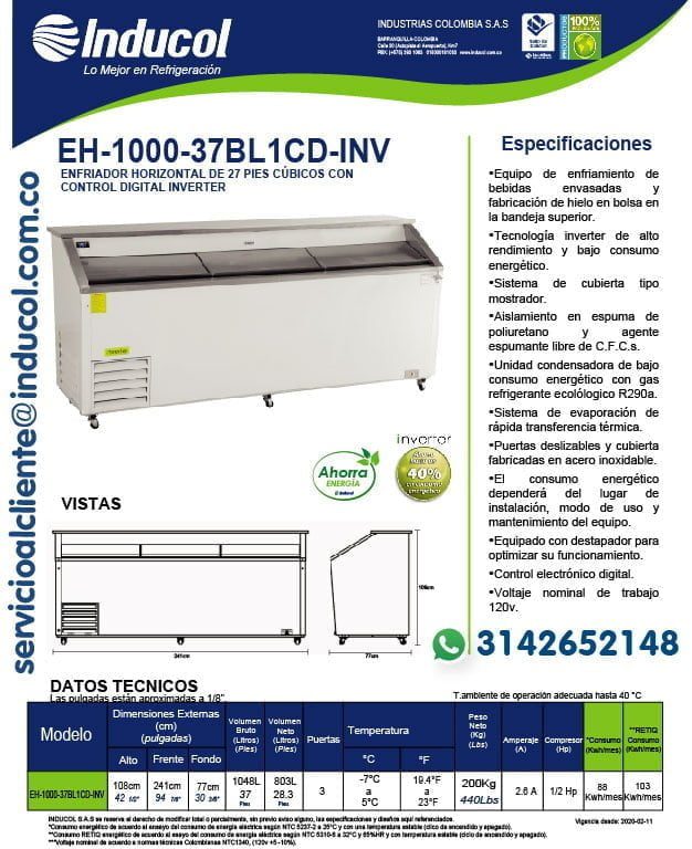 Enfriador Horizontal Inducol en Lámina Galvanizada con Tecnología Inverter de 1048 Litros con capacidad para 1000 Botellas EH-1000-37BL1CD-INV Ficha Técnica-01