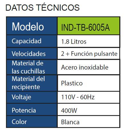 IND-TB-6005A Licuadora 1.8 Inducol