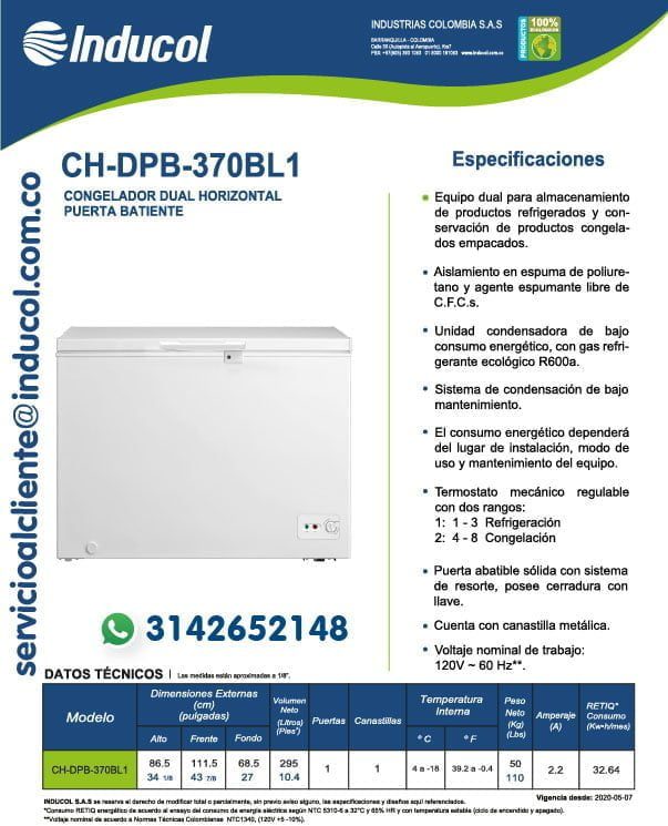 Congelador Horizontal Inducol de Puerta Batiente de 288 litros CH-DPB-370BL1