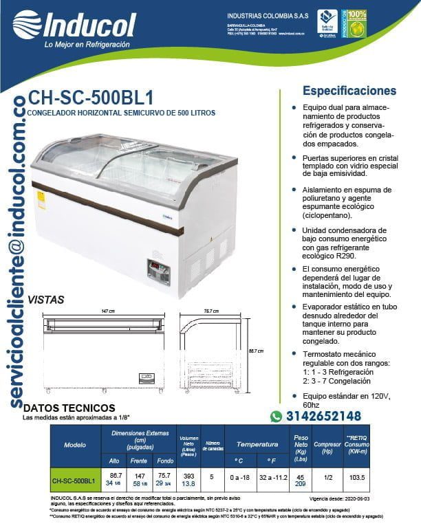 Congelador Horizontal Inducol Semicurvo de 500litros CH-SC-500BL1-02 Ficha tecnica