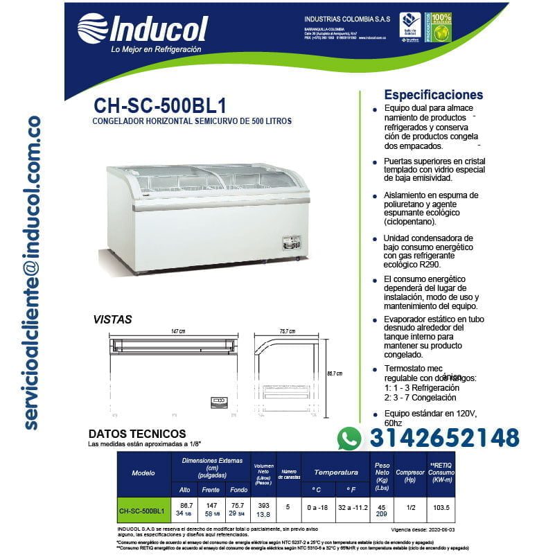 Congelador Horizontal Inducol Semicurvo de 500litros CH-SC-500BL1 Ficha Técnica