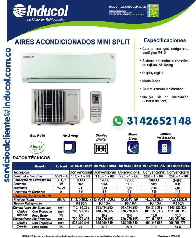 Aires acondicionado Convencional Ficha Técnica 9000 12000 18000 24000